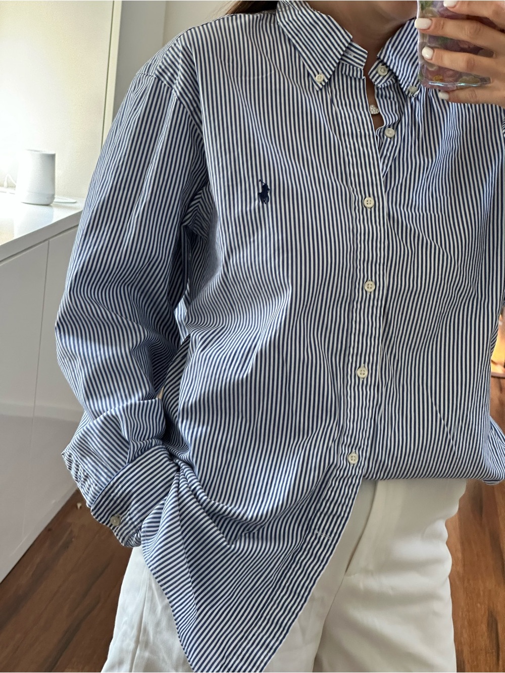 Ralph Lauren White and Blue Vertical Stripe Cotton Button-Down Shirt - Picture 3 of 6